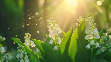AI generated Spring flowers in sunny day in nature, Lily of the valleyColorful natural spring background, AI generated photo