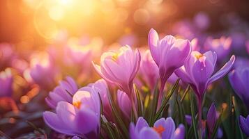 AI generated Spring flowers in sunny day in nature, blooming crocuses, Colorful natural spring background, AI generated photo