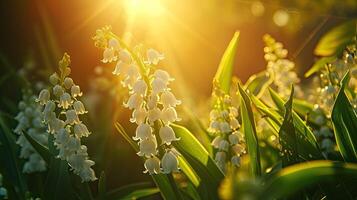 AI generated Spring flowers in sunny day in nature, Lily of the valley,Colorful natural spring background, AI generated photo