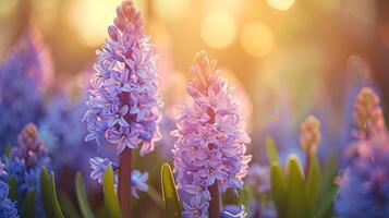 AI generated Spring flowers in sunny day in nature, Hyacinth, Colorful natural spring background, AI generated photo