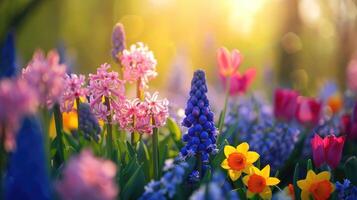 AI generated Spring flowers in sunny day in nature, Hyacinth, Crocus, Daffodil, tulip,,Colorful natural spring background, AI generated photo