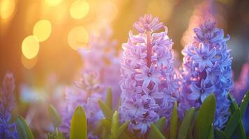 AI generated Spring flowers in sunny day in nature, Hyacinth, Colorful natural spring background, AI generated photo