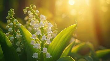 AI generated Spring flowers in sunny day in nature, Lily of the valleyColorful natural spring background, AI generated photo
