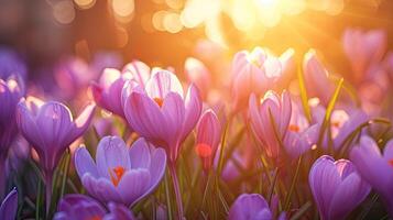 AI generated Spring flowers in sunny day in nature, blooming crocuses, Colorful natural spring background, AI generated photo