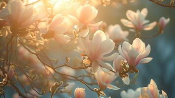 AI generated Spring flowers in sunny day in nature, Magnolia, Colorful natural spring background, AI generated photo