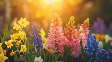 AI generated Spring flowers in sunny day in nature, Hyacinths, Crocuses, Daffodils, tulips, Colorful natural spring background, photo