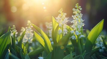 AI generated Spring flowers in sunny day in nature, lily of the valley, Colorful natural spring background, AI generated photo