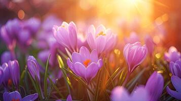AI generated Spring flowers in sunny day in nature, blooming crocuses,Colorful natural spring background, AI generated photo