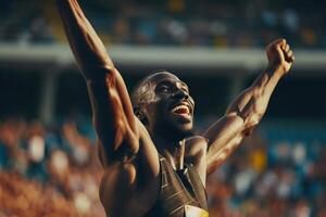 ai generado atleta celebrando su victoria en un pista y campo fósforo. foto