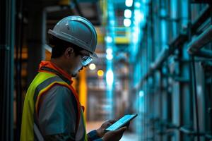 AI generated Engineer working on control panel in factory. Factory worker using digital tablet for control panel. photo