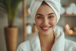 AI generated Beautiful young woman with facial mask at spa salon. photo