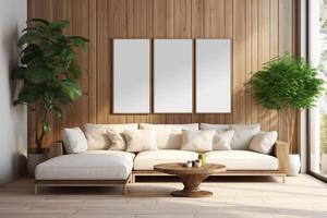 AI generated Interior of modern living room with white sofa and mock up poster photo