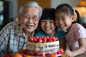 ai generado abuelo celebrando cumpleaños con nietas con ai generado. foto