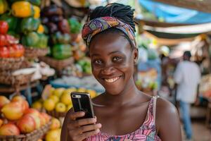 AI generated Joyful African Woman with Smartphone at Market with AI generated. photo