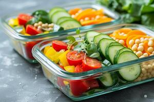 AI generated Healthy food delivery concept. Vegetable salads in plastic containers. photo