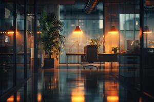AI generated Modern Office Desk with City Skyline at Night. photo