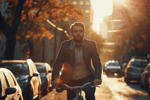 ai generado empresario desplazamientos en bicicleta en urbano tráfico con ai generado. foto