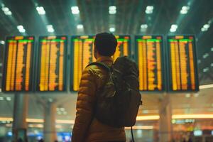 ai generado viajero comprobación vuelo información en aeropuerto tablero con ai generado. foto