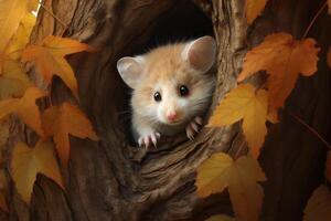 AI generated Fluffy hamster on a tree with leaves photo