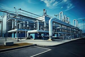 AI generated Modern industrial building with pipes, heat exchangers and valves. photo