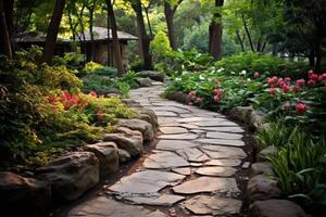 AI generated Stone walk path in the garden. photo