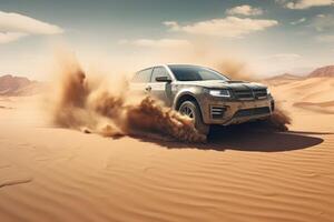 AI generated The car is drifting in the desert in the sand photo