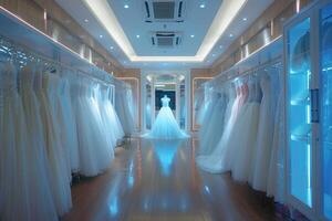 AI generated A collection of wedding dresses in a beautiful bridal boutique. photo