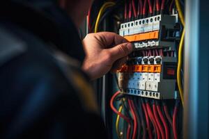 AI generated Close up detail of an electrician hands working with wires and fuse switch box. photo