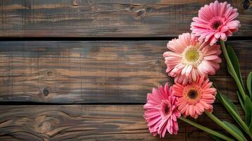 AI generated Gerbera daisy flower greeting card background for mother or womans day. Rustic style. photo