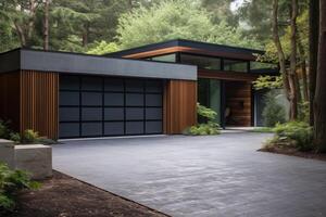 AI generated Garage door with a driveway in front. photo