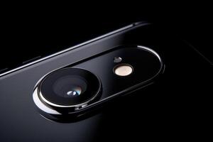 AI generated Commercial photography of a smartphone, detail on the lens lens on the back photo