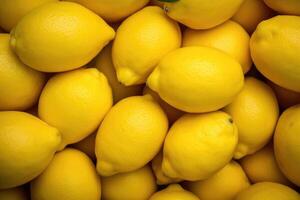 AI generated Ripe yellow lemons close up or texture. Lemon harvest, many yellow lemons. photo