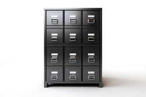 ai generado archivo gabinete, oficina archivo almacenamiento con cajones para documentos, papel datos, biblioteca o registro tarjetas metal gabinete para papeleo organización foto