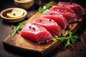 AI generated Fresh raw Tuna fillet steak and sashimi on wooden board background, delicious food for dinner, healthy food photo