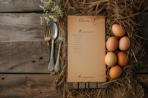 AI generated Easter dinner menu. easter eggs and menu board with fork and knife lying on wooden rustic table photo