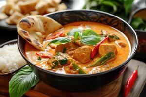 AI generated Thai food panang curry served with crispy roti photo