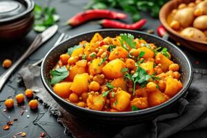 AI generated Vegan potato chickpea curry. Healthy vegetarian food concept. photo
