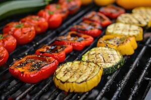 ai generado A la parrilla vegetales en un parrilla, rojo pimienta y amarillo pimienta, calabacín. foto