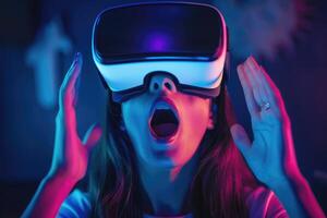 AI generated Shocked young woman learning world in virtual reality headset. photo