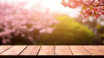 ai generado vacío de madera mesa en sakura flor parque con jardín bokeh antecedentes con un país al aire libre tema, modelo burlarse de arriba para monitor de producto foto