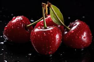 AI generated Water droplets on red ripe cherries on black background photo