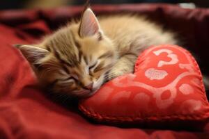 ai generado gatito dormido en el rojo corazón conformado almohada foto