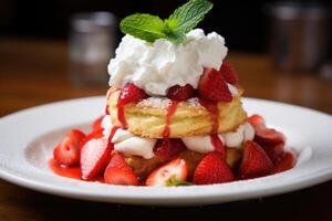 AI generated Strawberry shortcake with whipped cream on top photo