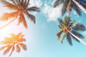 AI generated Blue sky and palm trees view from below, vintage style, tropical beach and summer background, travel concept photo