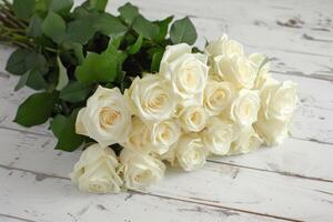 ai generado un ramo de flores de blanco rosas en blanco de madera antecedentes foto