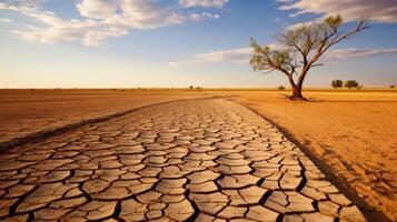 AI generated Global warming, extreme weather events and cracked dry soil. The impact of climate change on dry inland landscapes photo