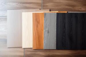 AI generated Wood laminate floor samples, vinyl tile. Assortment of parquet or laminate floor samples in natural colors. photo