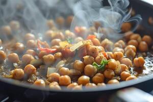 AI generated Cooking chickpeas with spices in a pan, close-up. photo