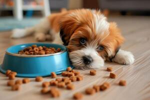 AI generated A small puppy looks reproachfully at a blue bowl full of dog food scattered on the floor. photo