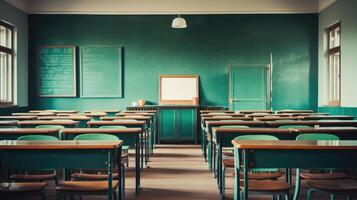 AI generated Empty classroom. Back to school concept in high school. Vintage wooden chairs and desks. Studying lessons in secondary education. photo